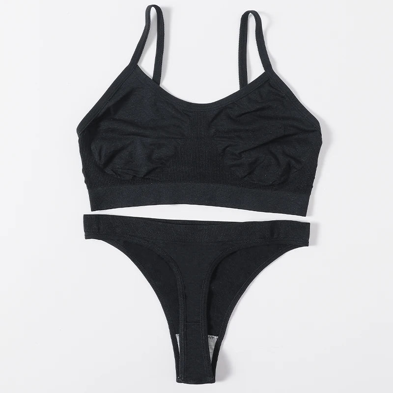 Women Seamless Bra Set High Cut Thong Panties Wire Free Lingerie ATHLEXES