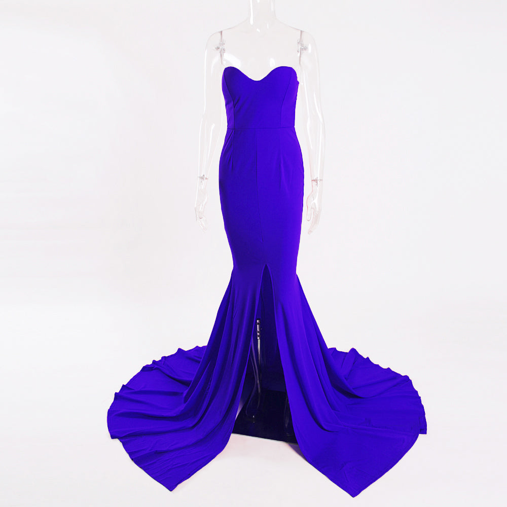 Elegant Strapless Black Maxi Dress with Front Slit ATHLEXES