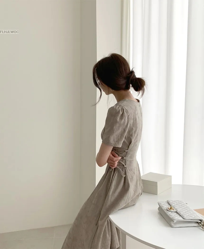 Chic Vintage Cotton Linen A-Line Dress ATHLEXES