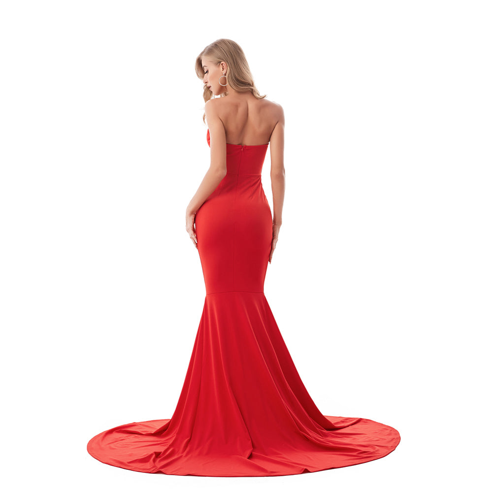 Elegant Strapless Black Maxi Dress with Front Slit ATHLEXES