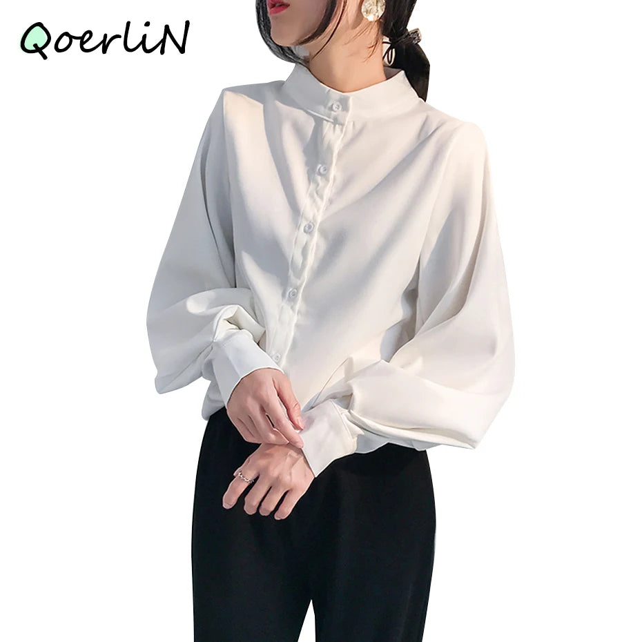 Elegant Lantern Sleeve Blouse for Women - Autumn Winter Office Chic ATHLEXES