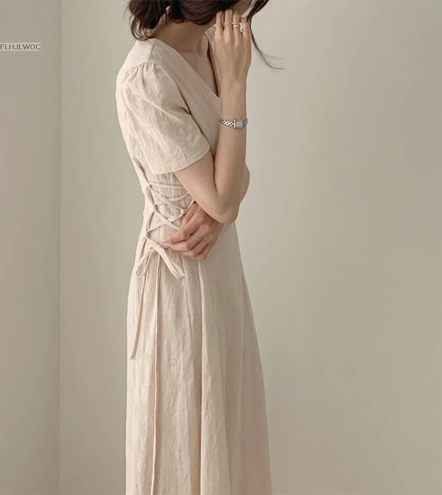 Chic Vintage Cotton Linen A-Line Dress ATHLEXES