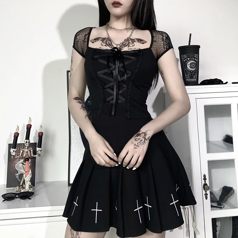 Gothic Lace Bodycon Top for Women Streetwear Chic ATHLEXES