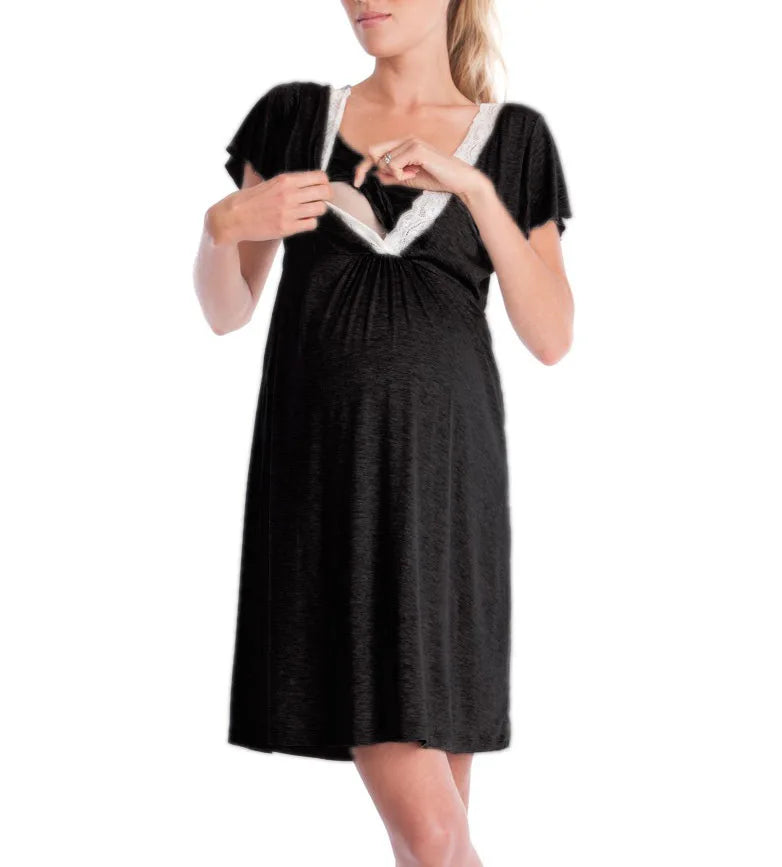 LuxeMaternity Lace Nightgown with Adjustable Belt ATHLEXES