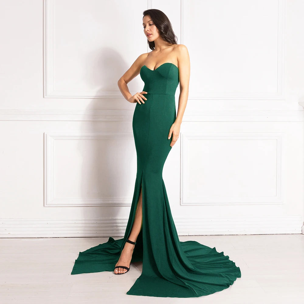 Elegant Strapless Black Maxi Dress with Front Slit ATHLEXES