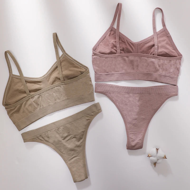 Women Seamless Bra Set High Cut Thong Panties Wire Free Lingerie ATHLEXES