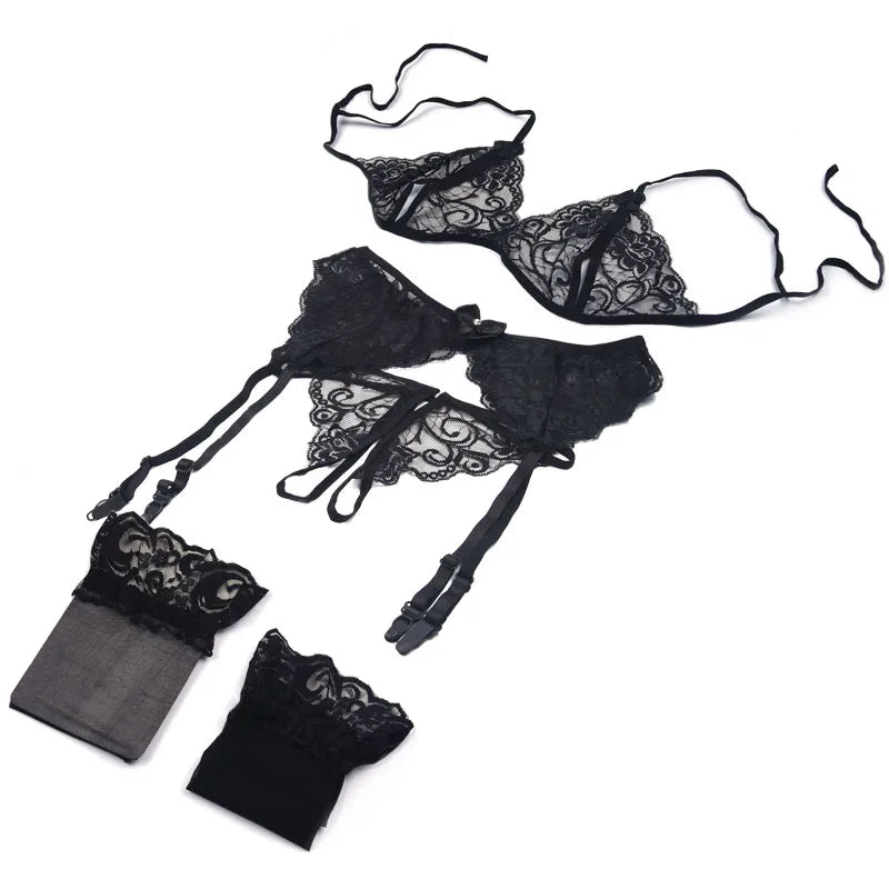 Lace Women Lingerie Set 4 Pcs Sling Open Bra Garter Panties ATHLEXES