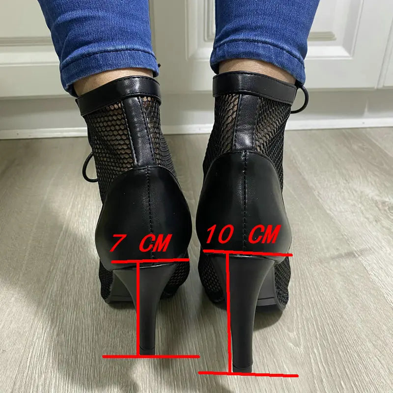 New Sexy High Heels Hollow Mesh Sandals Summer Fashion Trend Comfort Peep Toe Boots Stilettos Jazz Dance Female Shoes Plus Size ATHLEXES