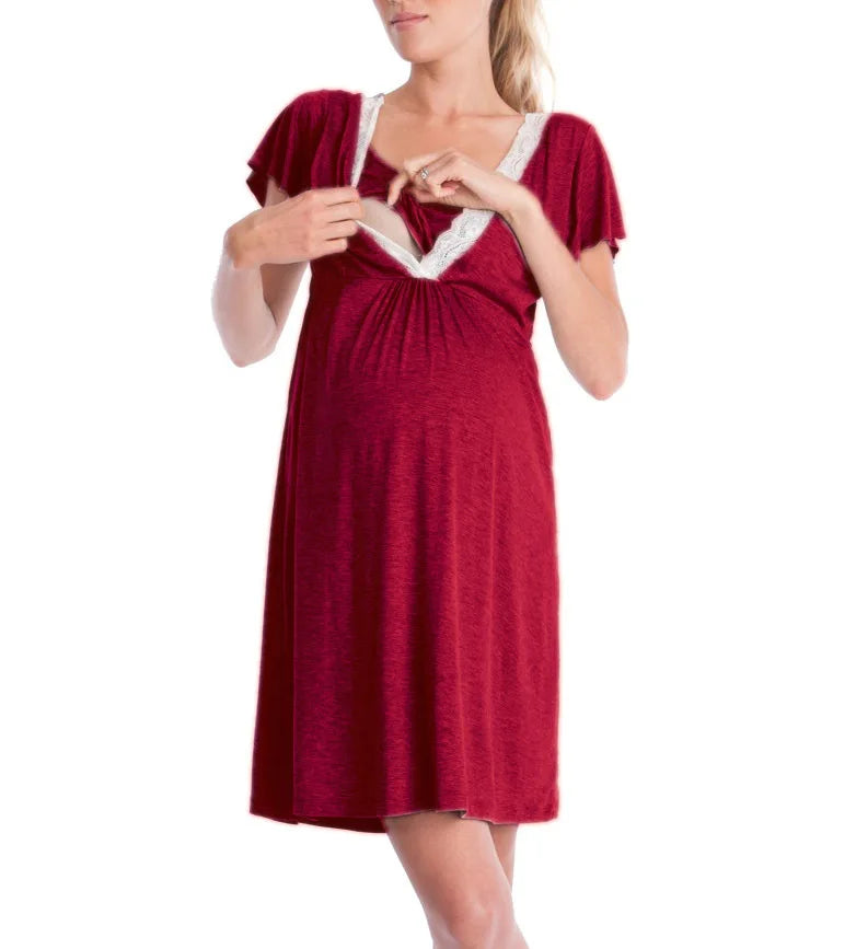 LuxeMaternity Lace Nightgown with Adjustable Belt ATHLEXES