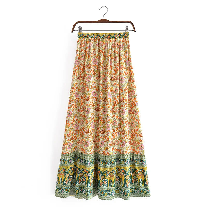 Bohemian Floral Ruffle Hem Midi Skirt ATHLEXES