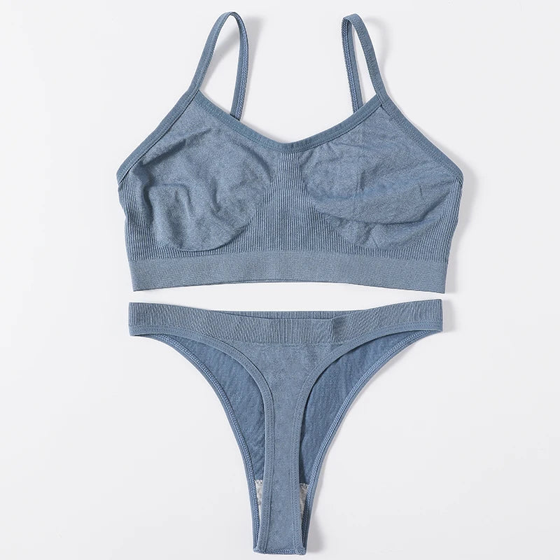 Women Seamless Bra Set High Cut Thong Panties Wire Free Lingerie ATHLEXES
