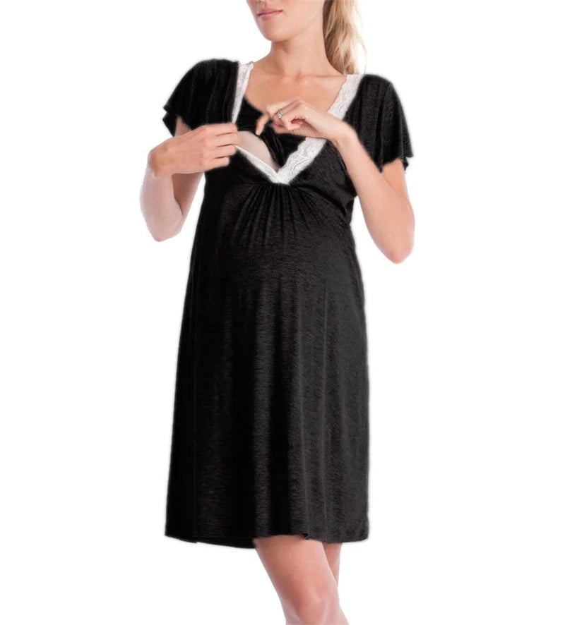 LuxeMaternity Lace Nightgown with Adjustable Belt ATHLEXES