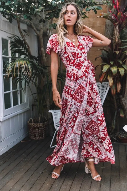 Chic V Neck Summer Slit Maxi Dress for Women ATHLEXES
