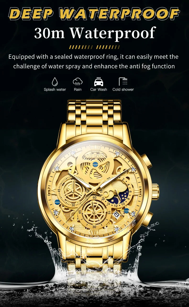 OLEVS Luxury Waterproof Gold Skeleton Watch ATHLEXES