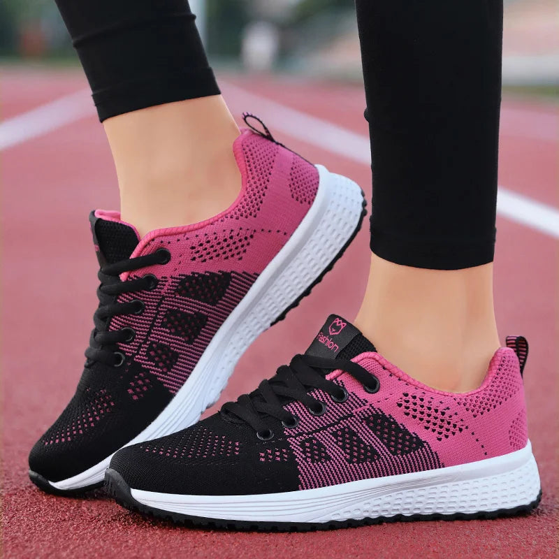 Breathable Mesh Lace Up Flat Sneakers for Women in Pink and Black ATHLEXES