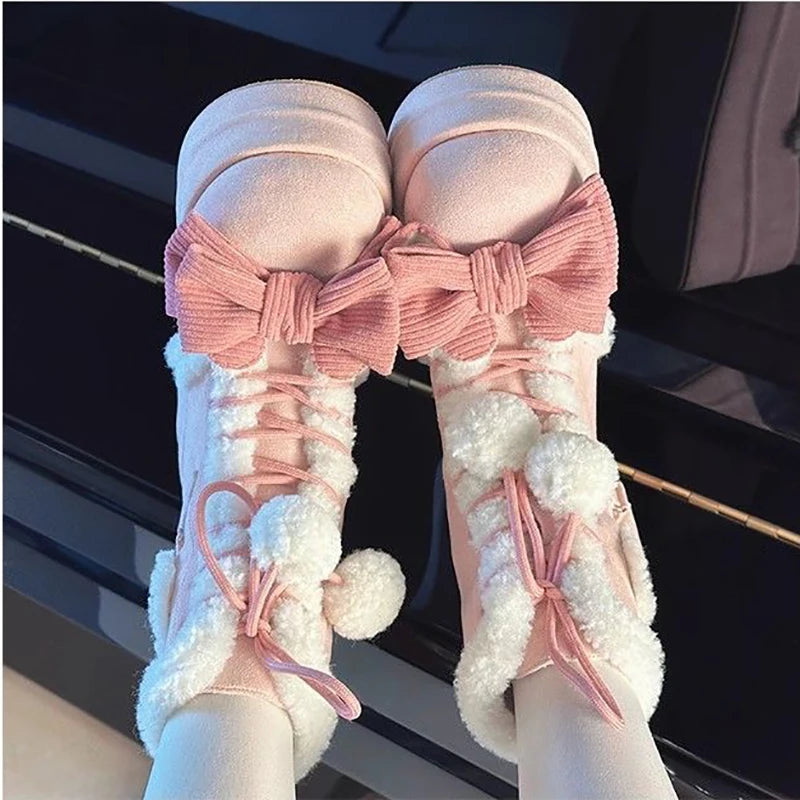 Chic Winter Lolita Mid-Calf Snow Boots with Bowknots ATHLEXES