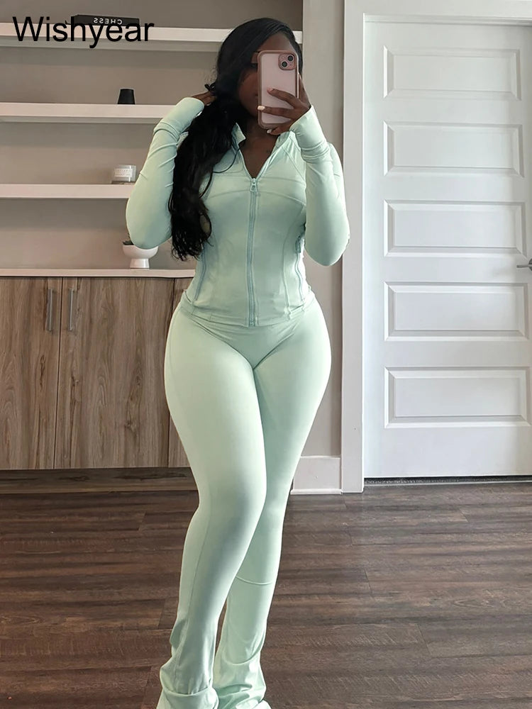 Elegant Street Style Women's Long Sleeve Tops & Flare Pants Set ATHLEXES