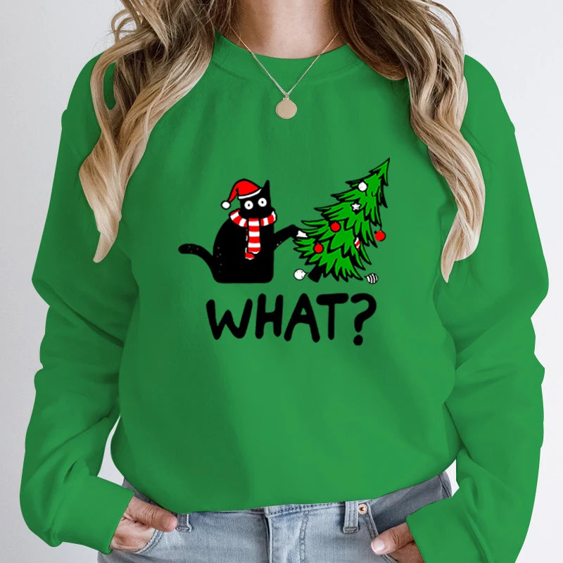 Cozy Christmas Black Cat Sweatshirt for Women O-Neck Pullover ATHLEXES
