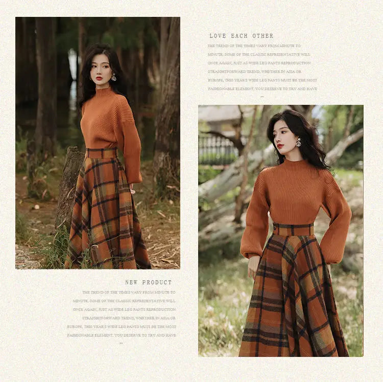 Women’s Vintage Plaid Two-Piece Skirt and Sweater Set ATHLEXES