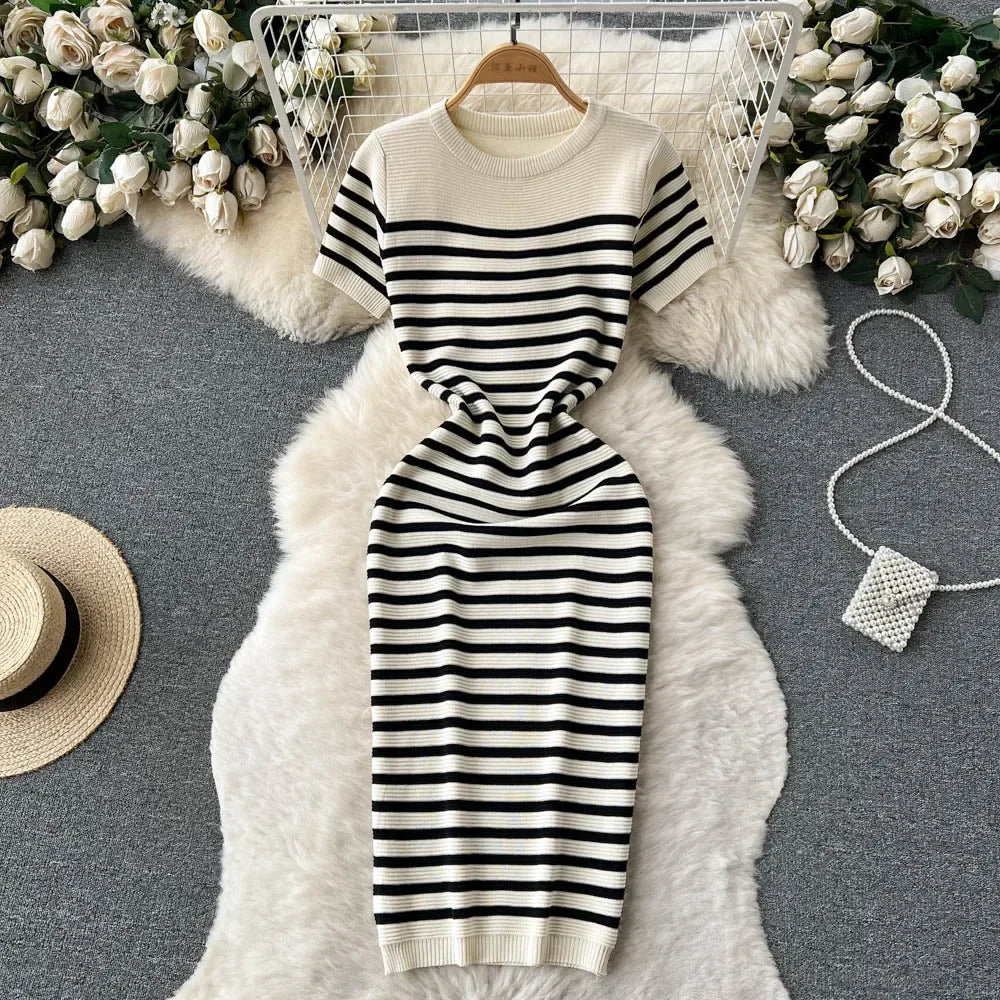 Chic Striped Knit Midi Dress for Summer Style ATHLEXES