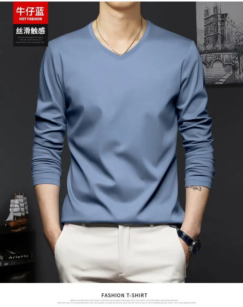 Autumn New Promotion Ice Silk Men's V-Neck Casual Top 2023 ATHLEXES
