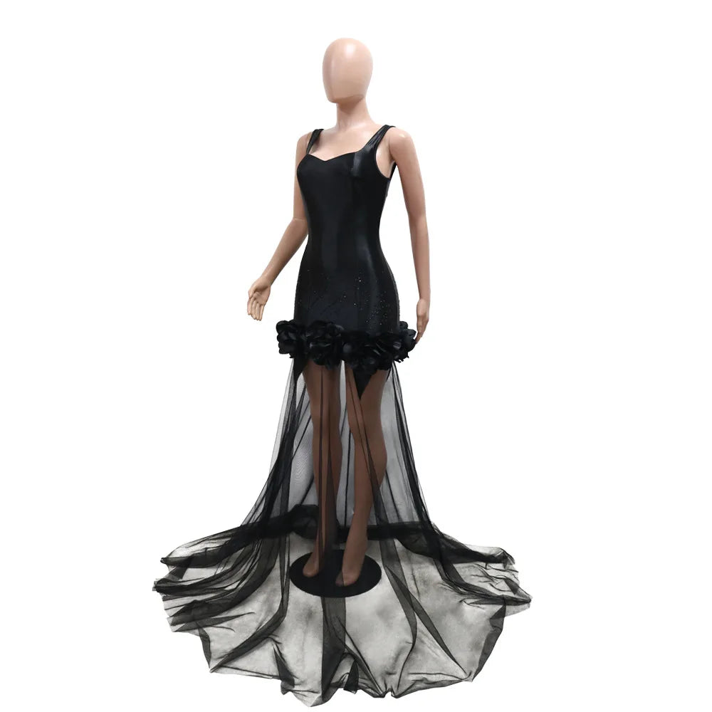 Elegant 3D Floral Mesh Mermaid Maxi Dress ATHLEXES
