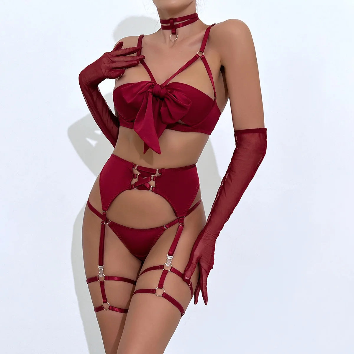 Sexy Lingerie Set Bow Bra Black Temptation Four Piece Set ATHLEXES