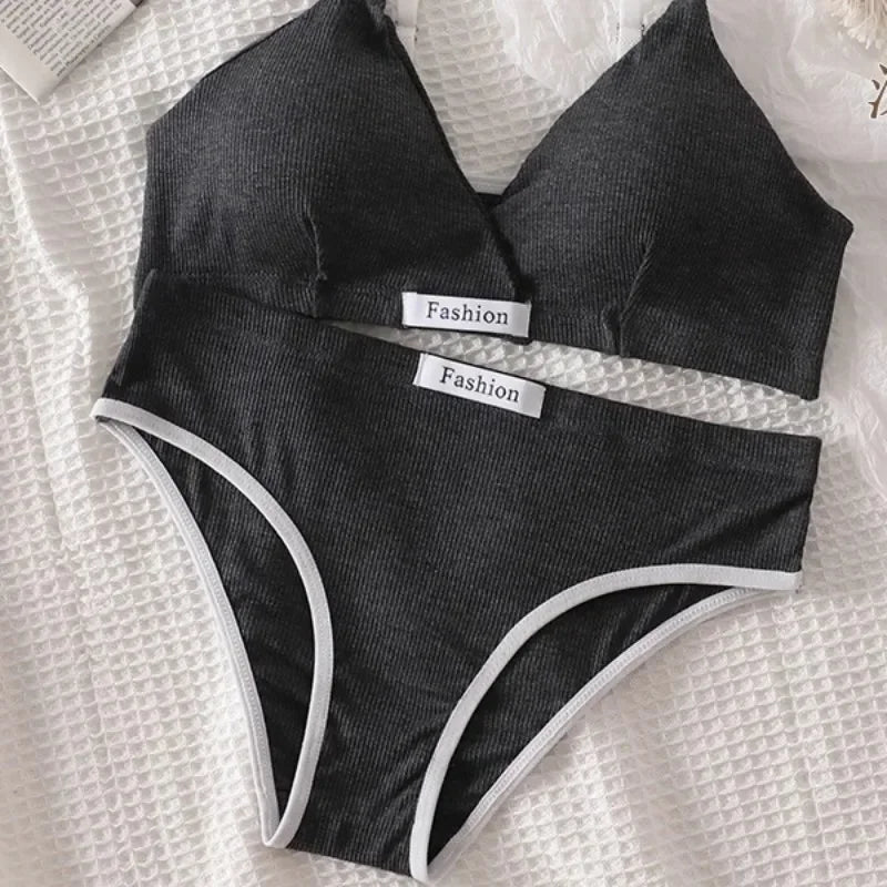 Women Cotton Bra Set Sexy Briefs Low Waist Panties Wire Free Bralette Lingerie Set ATHLEXES