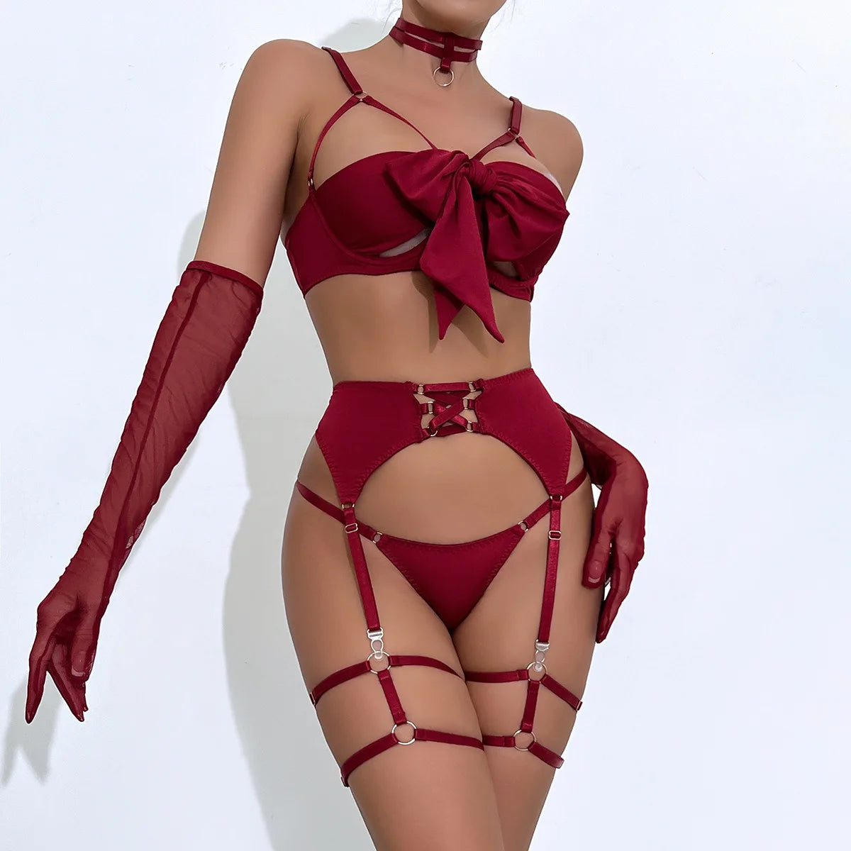Sexy Lingerie Set Bow Bra Black Temptation Four Piece Set ATHLEXES