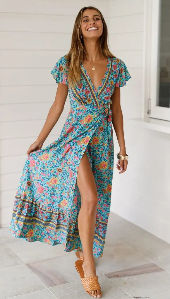 Chic V Neck Summer Slit Maxi Dress for Women ATHLEXES