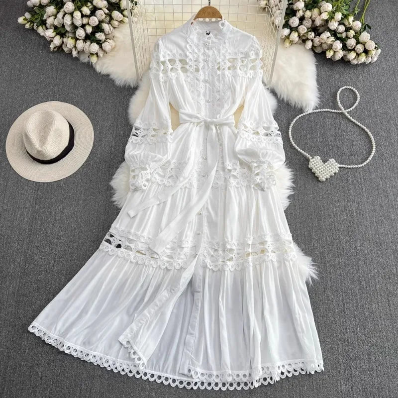 Elegant Hollow Out Lace Long Sleeve Dress ATHLEXES