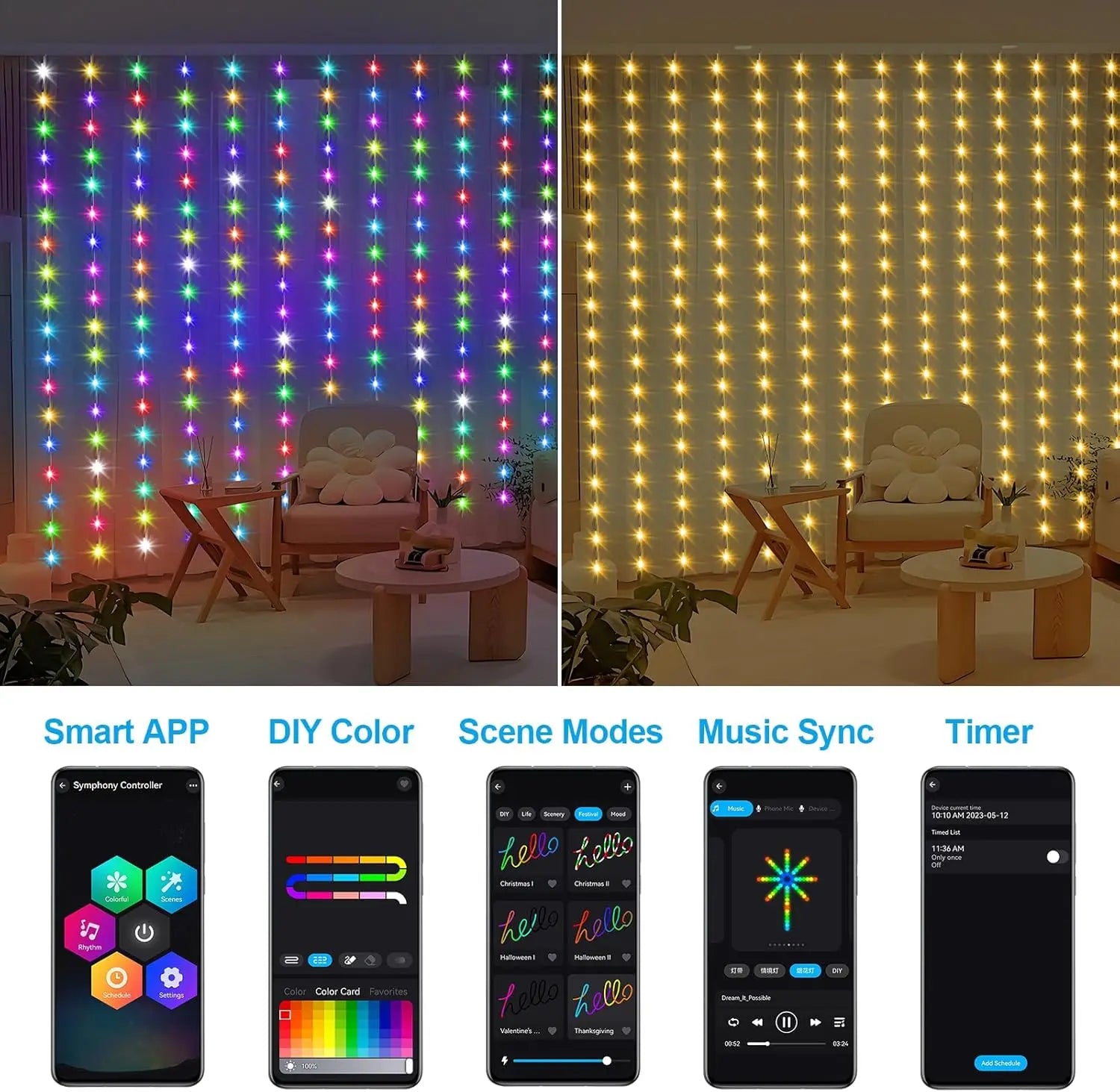 RGB Smart LED Curtain Lights for Holiday Elegance ATHLEXES