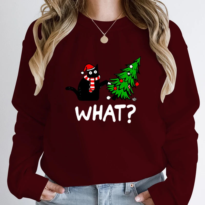 Cozy Christmas Black Cat Sweatshirt for Women O-Neck Pullover ATHLEXES