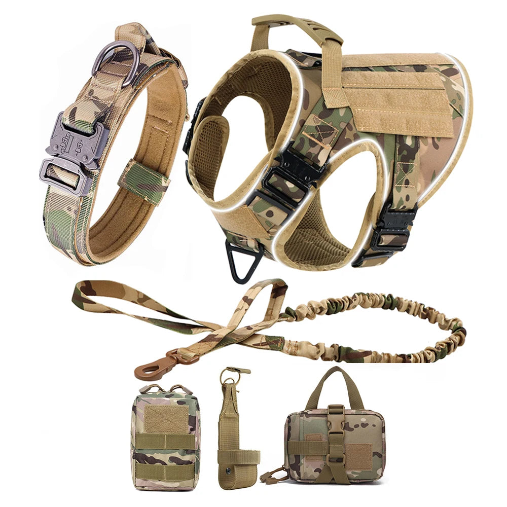 Reflective Dog Harness with 4 Metal Buckles Military Tactical Pet Training Walking K9 Vest Harnesses Leash Collar Set Large Dogs ATHLEXES