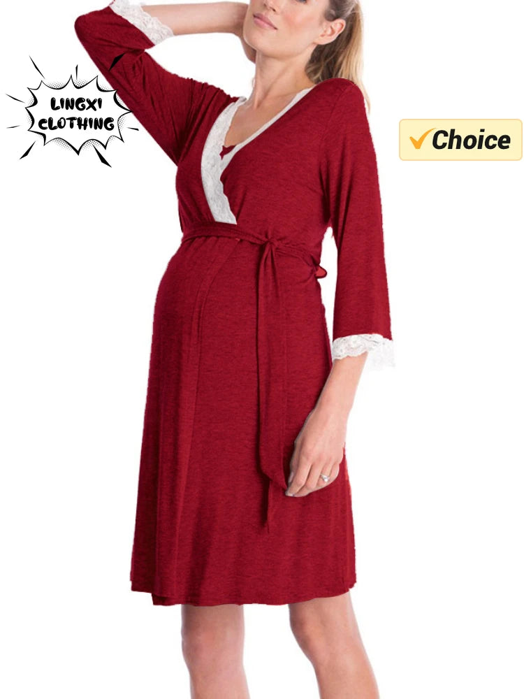 Elegant Maternity Lace Tie Pajama Set ATHLEXES