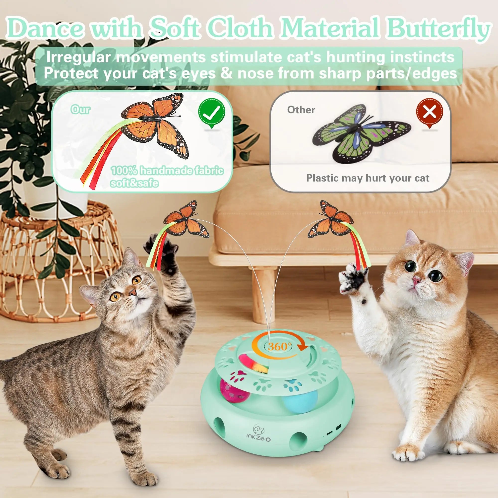 INKZOO 4-in-1 Interactive Cat Toys for Indoor Cats, Automatic 6 Holes Mice Whack-A-Mole, Fluttering Butterfly, Track Balls, USB ATHLEXES