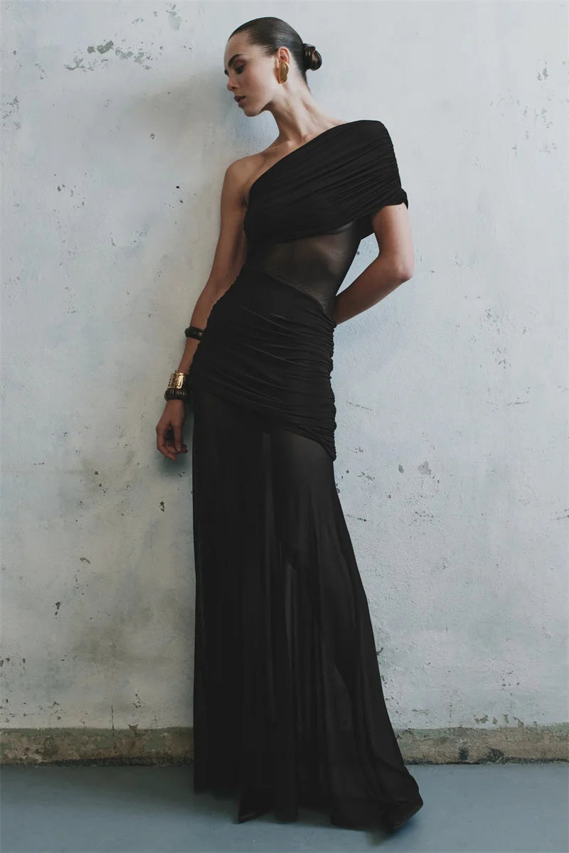 Chic Off-Shoulder Mesh Maxi Dress for Women ATHLEXES