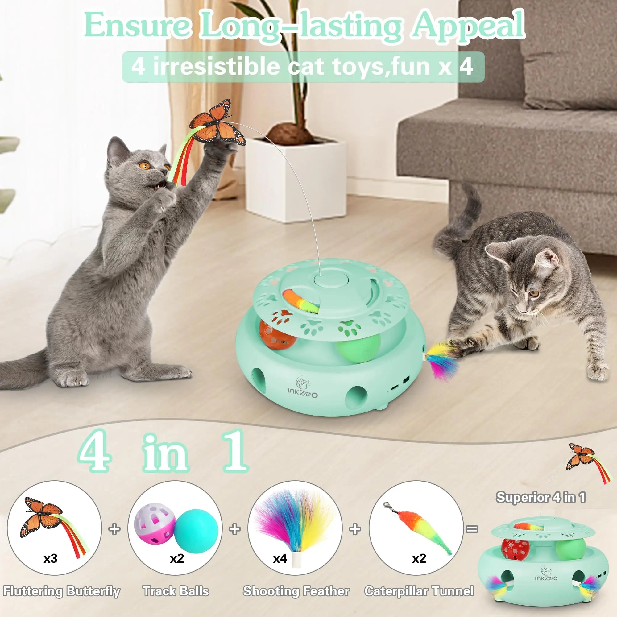 INKZOO 4-in-1 Interactive Cat Toys for Indoor Cats, Automatic 6 Holes Mice Whack-A-Mole, Fluttering Butterfly, Track Balls, USB ATHLEXES