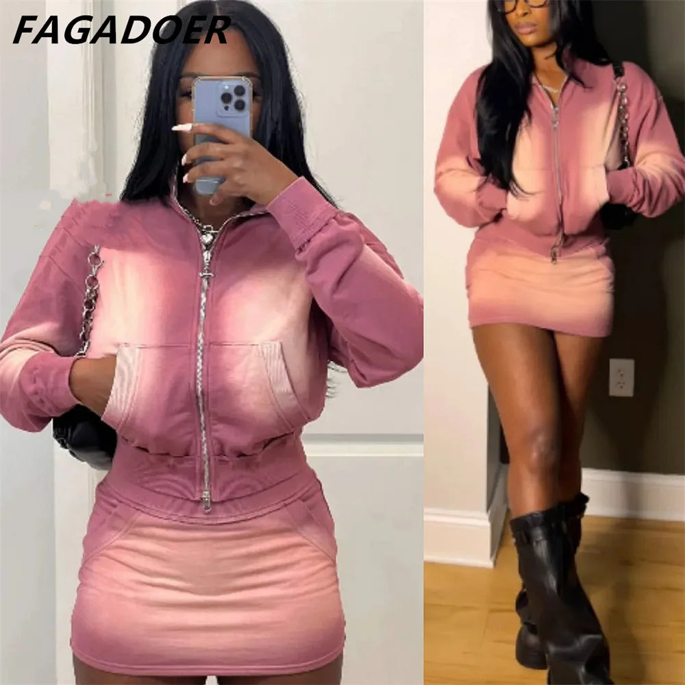 FAGADOER Pink Tie Dye Crop & Skirt Set for Women ATHLEXES