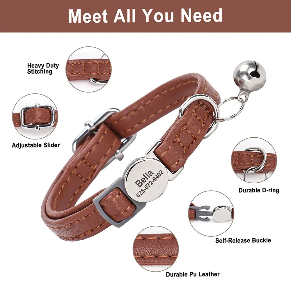 Engraved Luxury PU Leather Cat Collar ATHLEXES