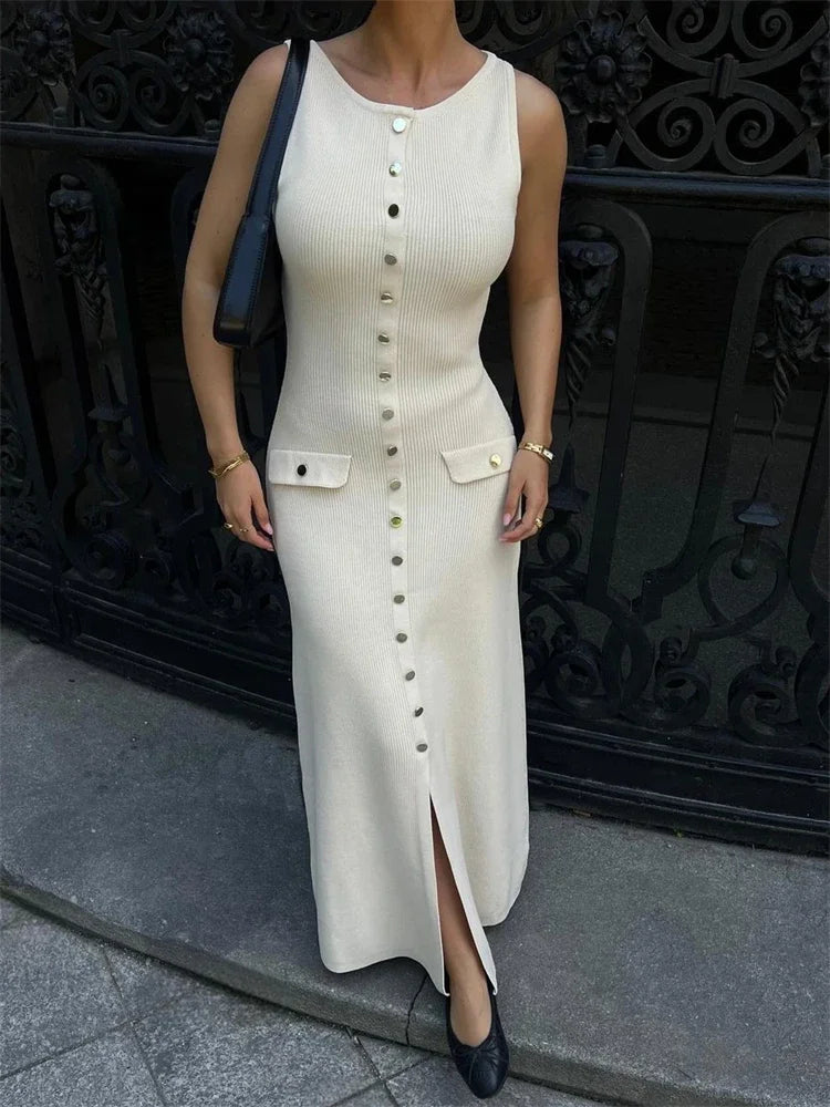 Elegant Knit Ribbed Maxi Dress with Pockets ATHLEXES
