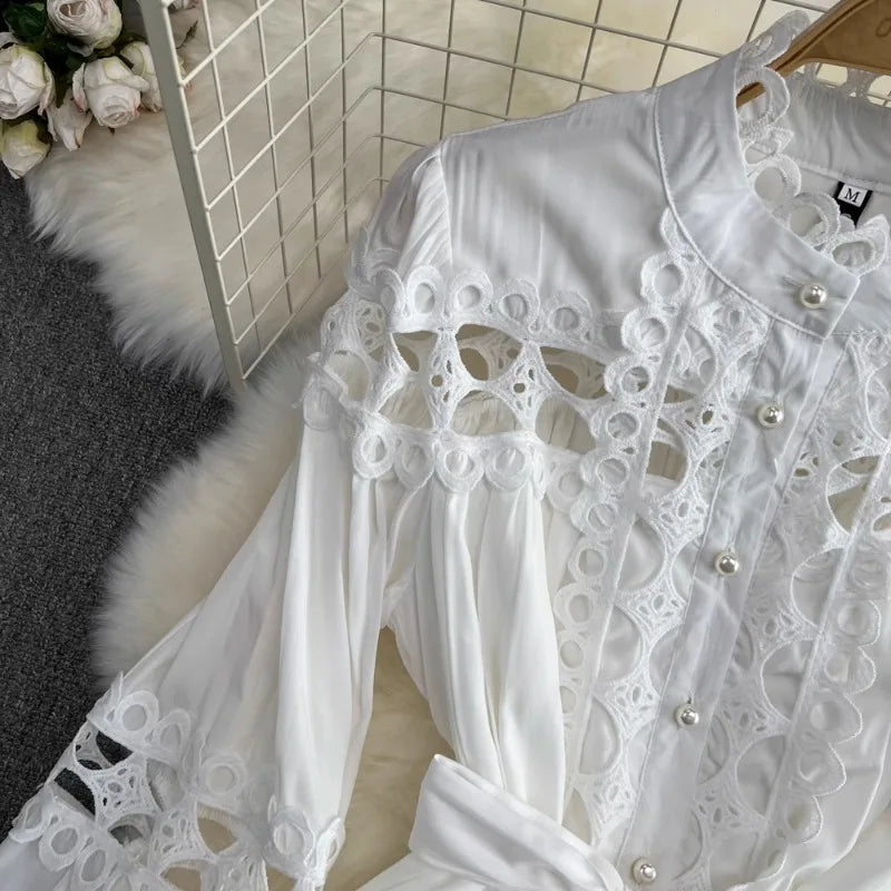 Elegant Hollow Out Lace Long Sleeve Dress ATHLEXES