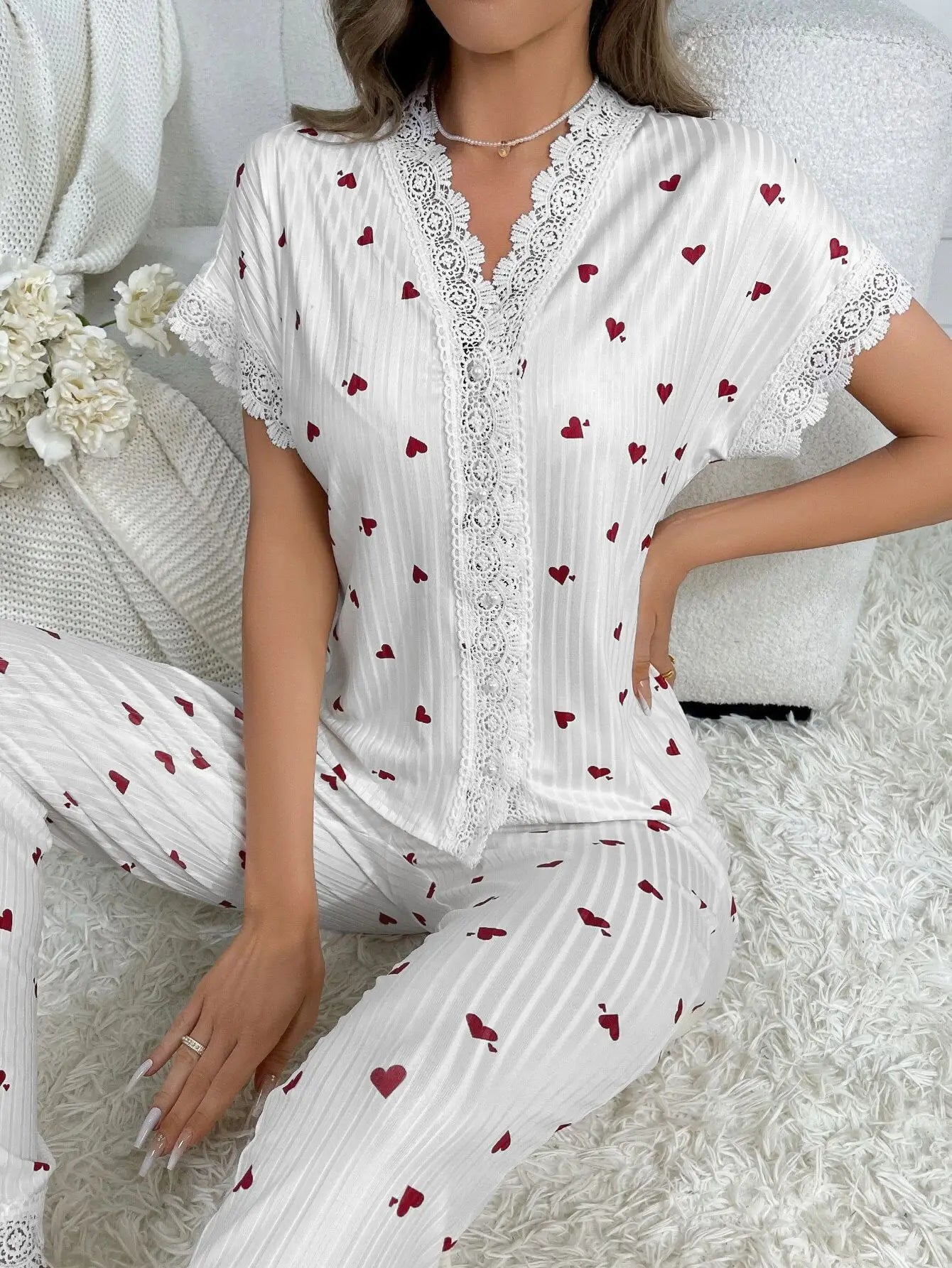 Chic Heart Print Lace Trim Pajama Set for Women ATHLEXES