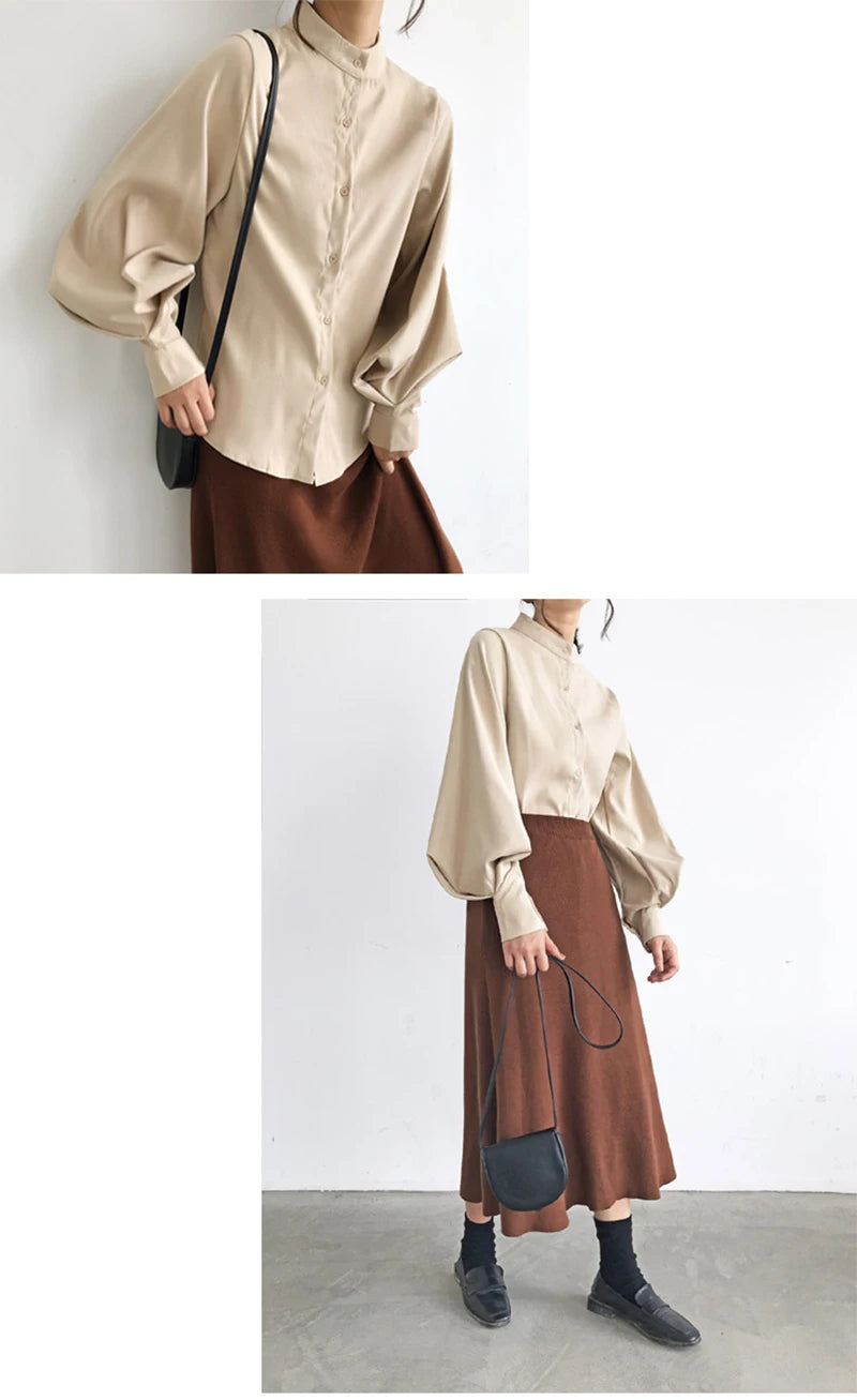 Elegant Lantern Sleeve Blouse for Women - Autumn Winter Office Chic ATHLEXES