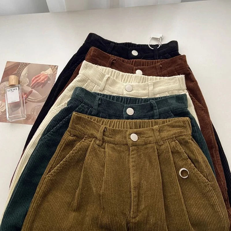 Retro High Waist Corduroy Pants Women Spring Fall Straight Causal Full Length Trousers Korean Fashion Baggy All Match Black Pant ATHLEXES