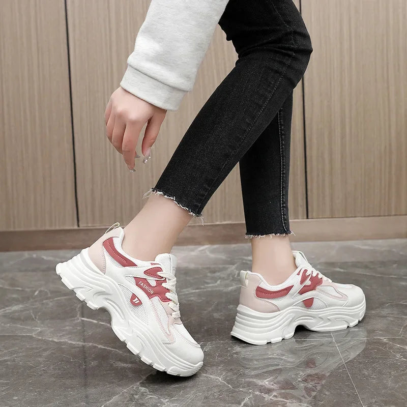 QRJ06 New 2024 Spring Summer Fashionable Korean Style Women's Shoes With Thick Sole Increased Height Breathable Mesh Shoes ATHLEXES