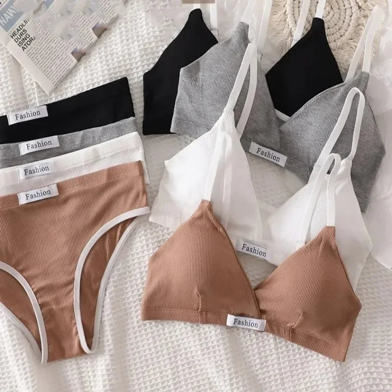 Women Cotton Bra Set Sexy Briefs Low Waist Panties Wire Free Bralette Lingerie Set ATHLEXES