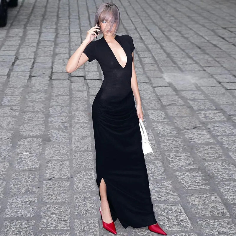 Elegant V-Neck Side Slit Maxi Dress for Women ATHLEXES