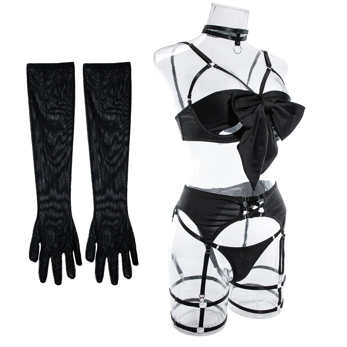 Sexy Lingerie Set Bow Bra Black Temptation Four Piece Set ATHLEXES