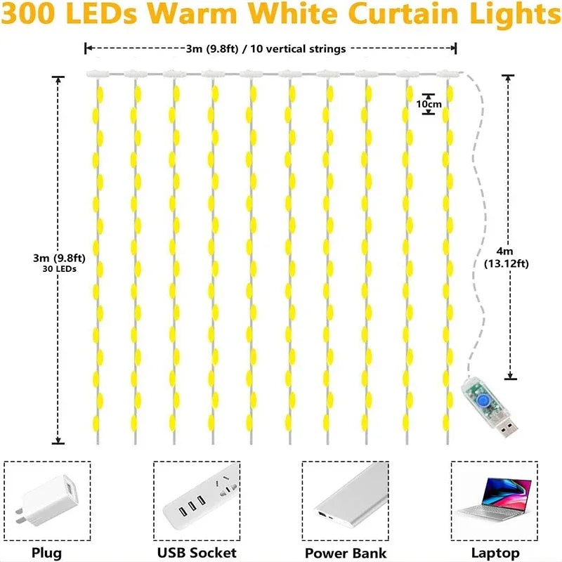 FairyGlow 3M LED Curtain String Lights USB Decor ATHLEXES